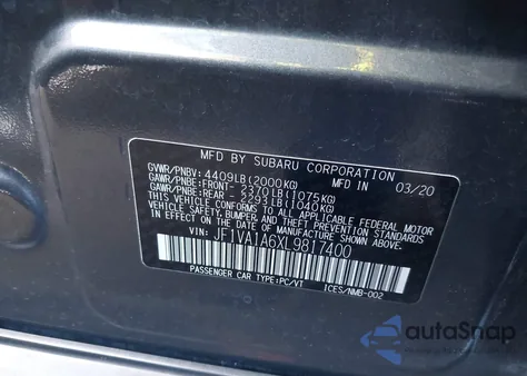 2020 Subaru Wrx from USA, damaged, VIN JF1VA1A6XL9817400